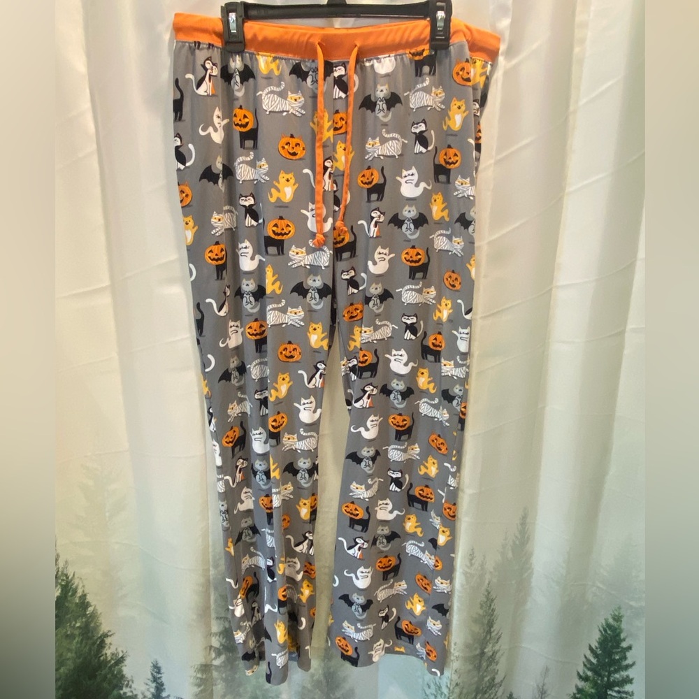 munki munki Gray and Orange Halloween Cats & Pumpkins Pajama Bottoms